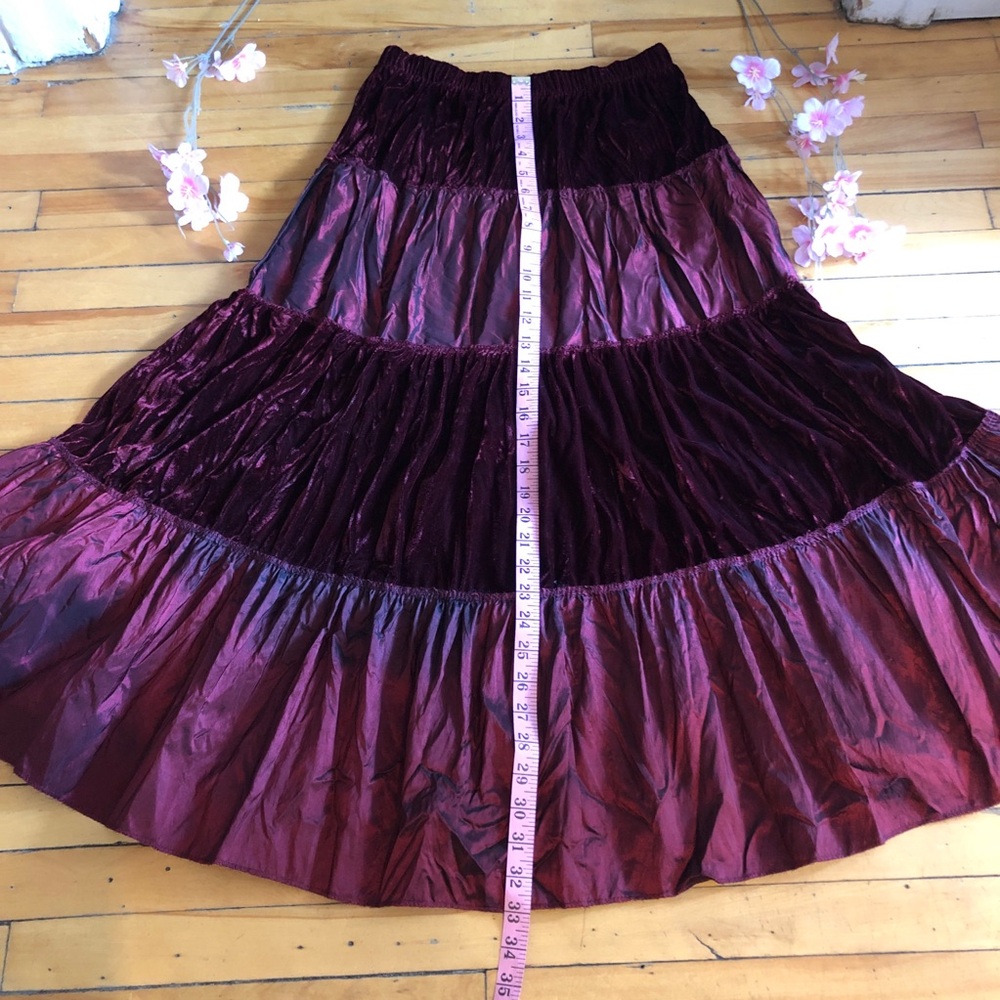 Vintage 90s/Y2K Tiered Burgundy Velvet Tafetta Whimsigoth Bohemian Skirt M - Picture 3 of 8